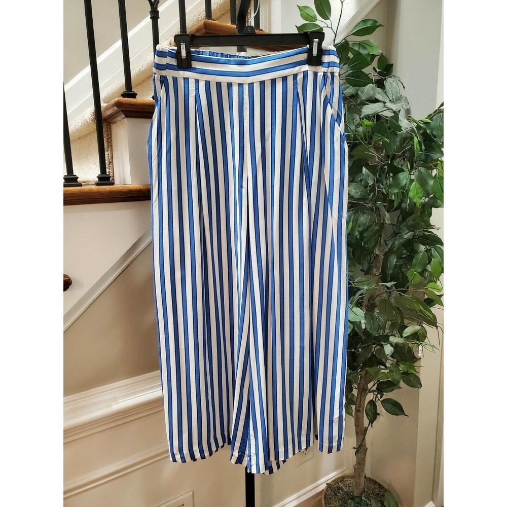 H&M Women's Blue/White Stiped 100% Rayon Mid Rise Wide Legs Dress Pant Size 10